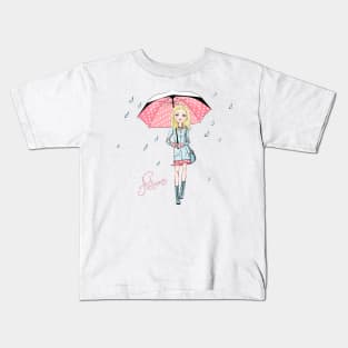 Fashion girl in autumn clothes with umbrella Kids T-Shirt